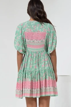 Pomeline Mini Dress - Round Neckline with Tie Babydoll Dress in Roxia Print><noscript><img width=