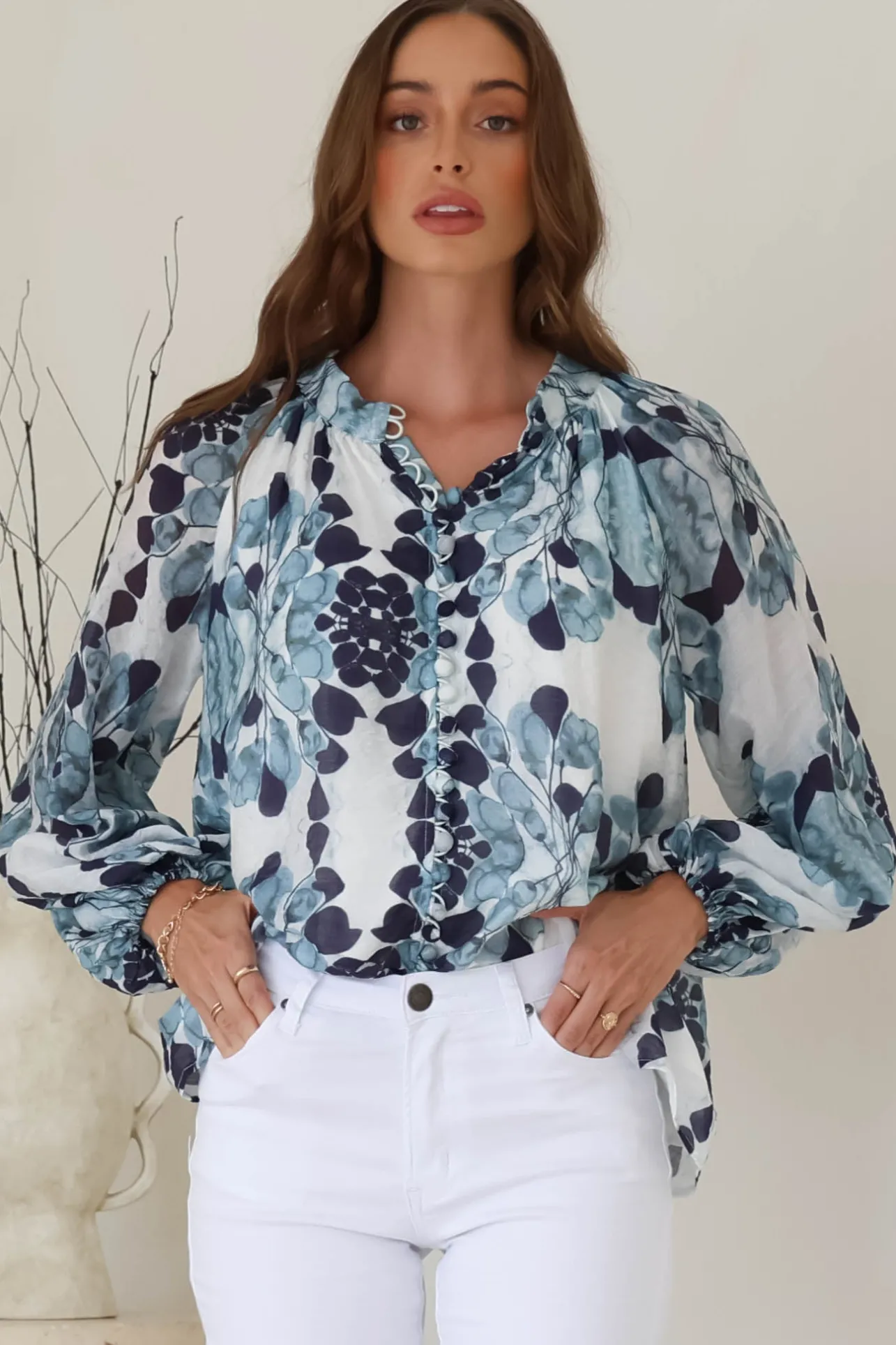 Portia Blouse - Button Down Lace Detail Shirt in Calea Blue Print>Salty Crush Hot