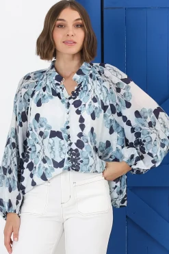 Portia Blouse - Button Down Lace Detail Shirt in Calea Blue Print><noscript><img width=
