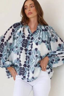 Portia Blouse - Button Down Lace Detail Shirt in Calea Blue Print><noscript><img width=