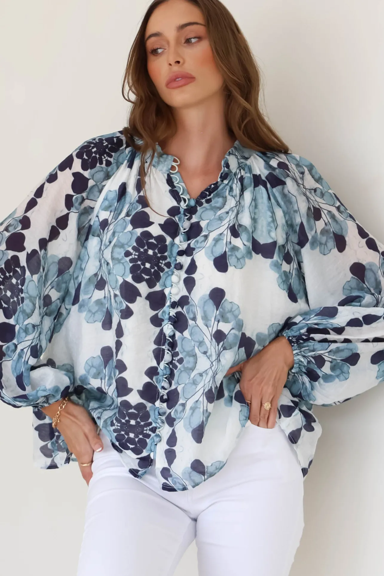 Portia Blouse - Button Down Lace Detail Shirt in Calea Blue Print>Salty Crush Hot