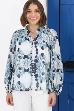 Portia Blouse - Button Down Lace Detail Shirt in Calea Blue Print><noscript><img width=