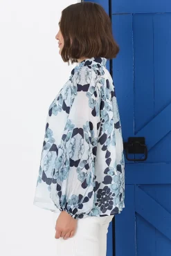 Portia Blouse - Button Down Lace Detail Shirt in Calea Blue Print><noscript><img width=