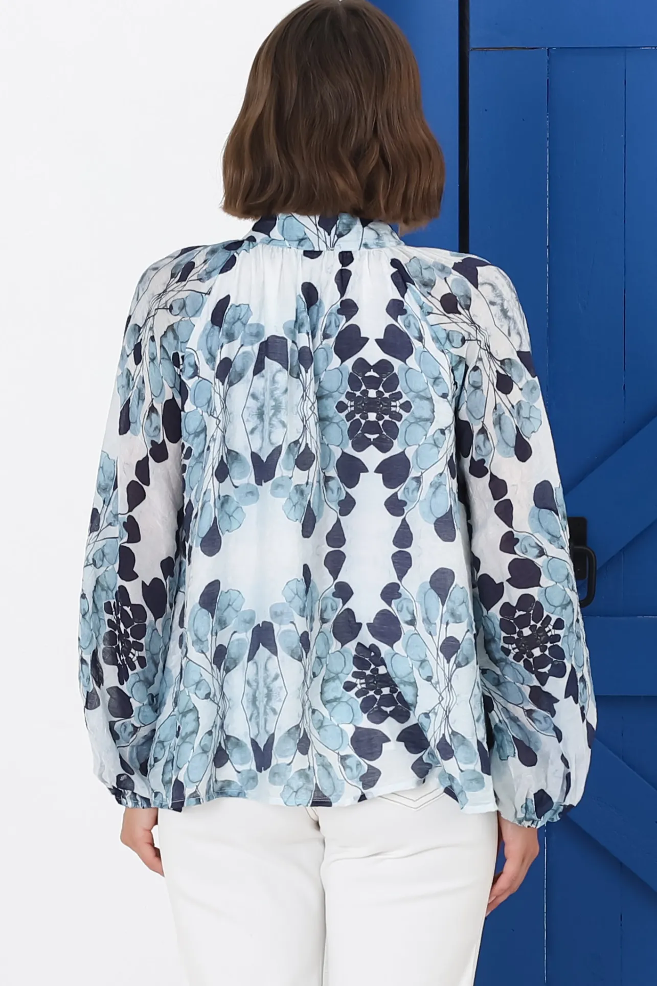 Portia Blouse - Button Down Lace Detail Shirt in Calea Blue Print>Salty Crush Hot