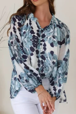 Portia Blouse - Button Down Lace Detail Shirt in Calea Blue Print><noscript><img width=