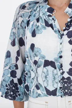 Portia Blouse - Button Down Lace Detail Shirt in Calea Blue Print><noscript><img width=