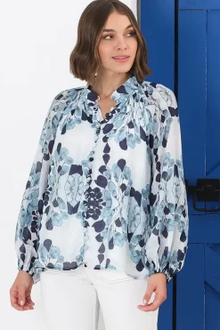 Portia Blouse - Button Down Lace Detail Shirt in Calea Blue Print><noscript><img width=