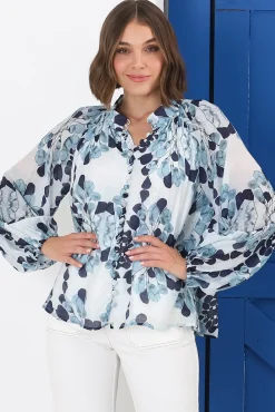 Portia Blouse - Button Down Lace Detail Shirt in Calea Blue Print><noscript><img width=
