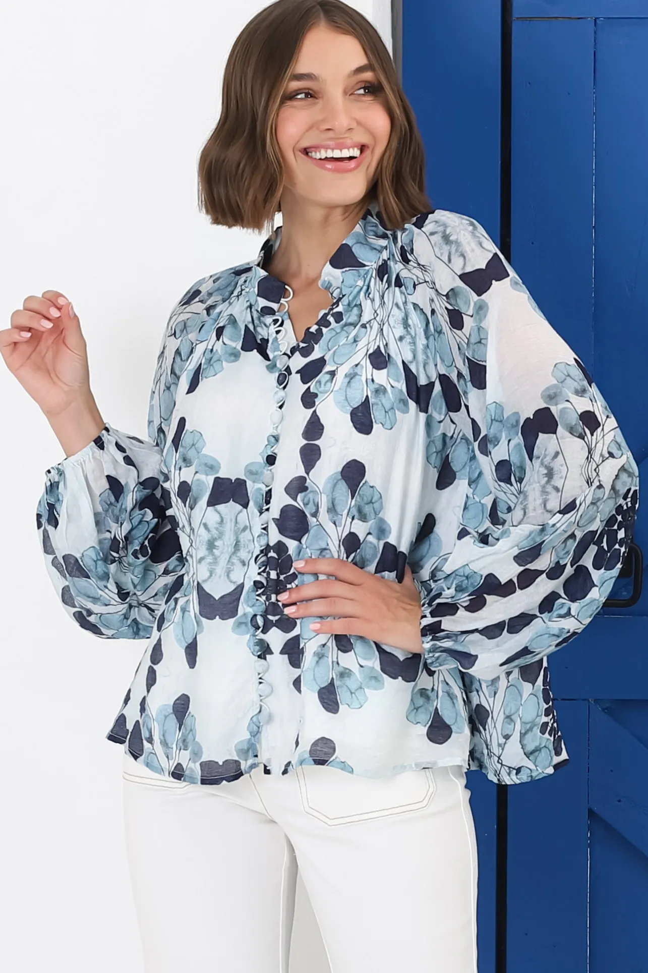 Portia Blouse - Button Down Lace Detail Shirt in Calea Blue Print>Salty Crush Hot