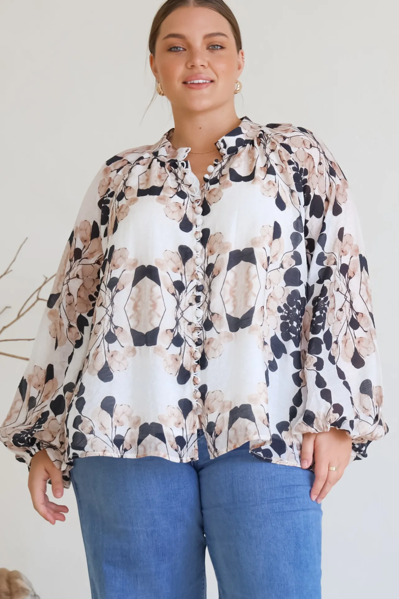 Portia Blouse - Button Down Lace Detail Shirt in Calea Beige Print>Salty Crush Hot