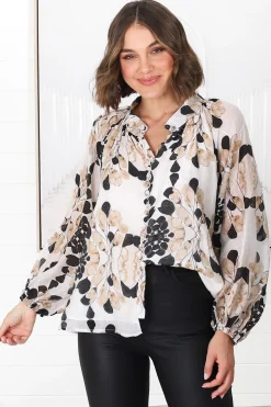 Portia Blouse - Button Down Lace Detail Shirt in Calea Beige Print><noscript><img width=