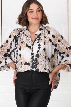 Portia Blouse - Button Down Lace Detail Shirt in Calea Beige Print><noscript><img width=