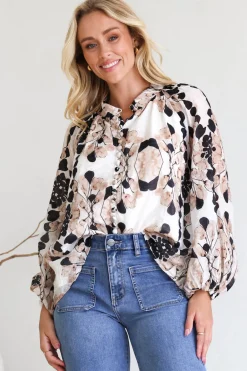 Portia Blouse - Button Down Lace Detail Shirt in Calea Beige Print><noscript><img width=