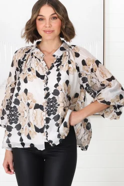 Portia Blouse - Button Down Lace Detail Shirt in Calea Beige Print><noscript><img width=