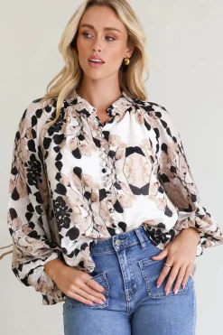 Portia Blouse - Button Down Lace Detail Shirt in Calea Beige Print><noscript><img width=