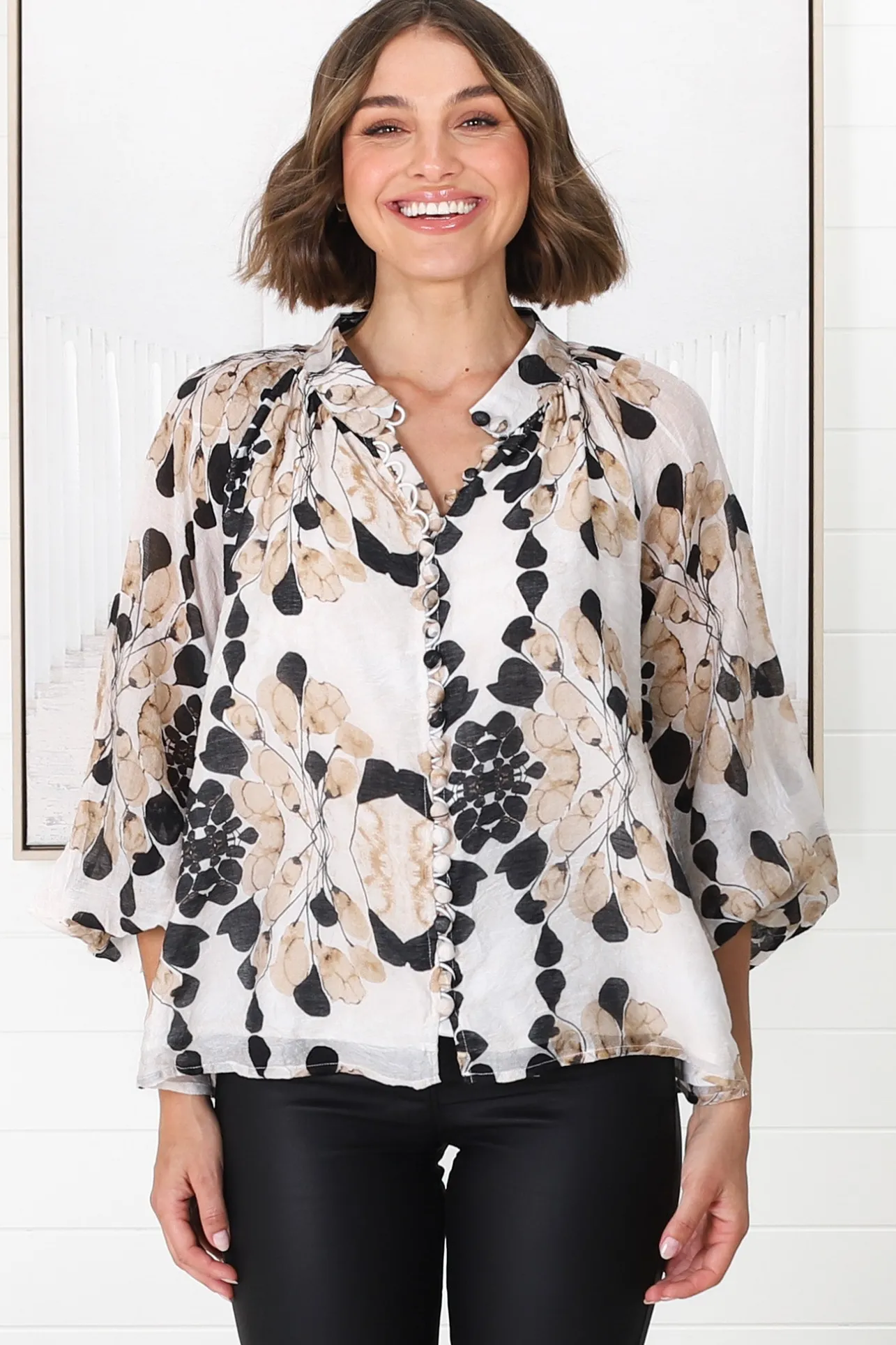 Portia Blouse - Button Down Lace Detail Shirt in Calea Beige Print>Salty Crush Hot