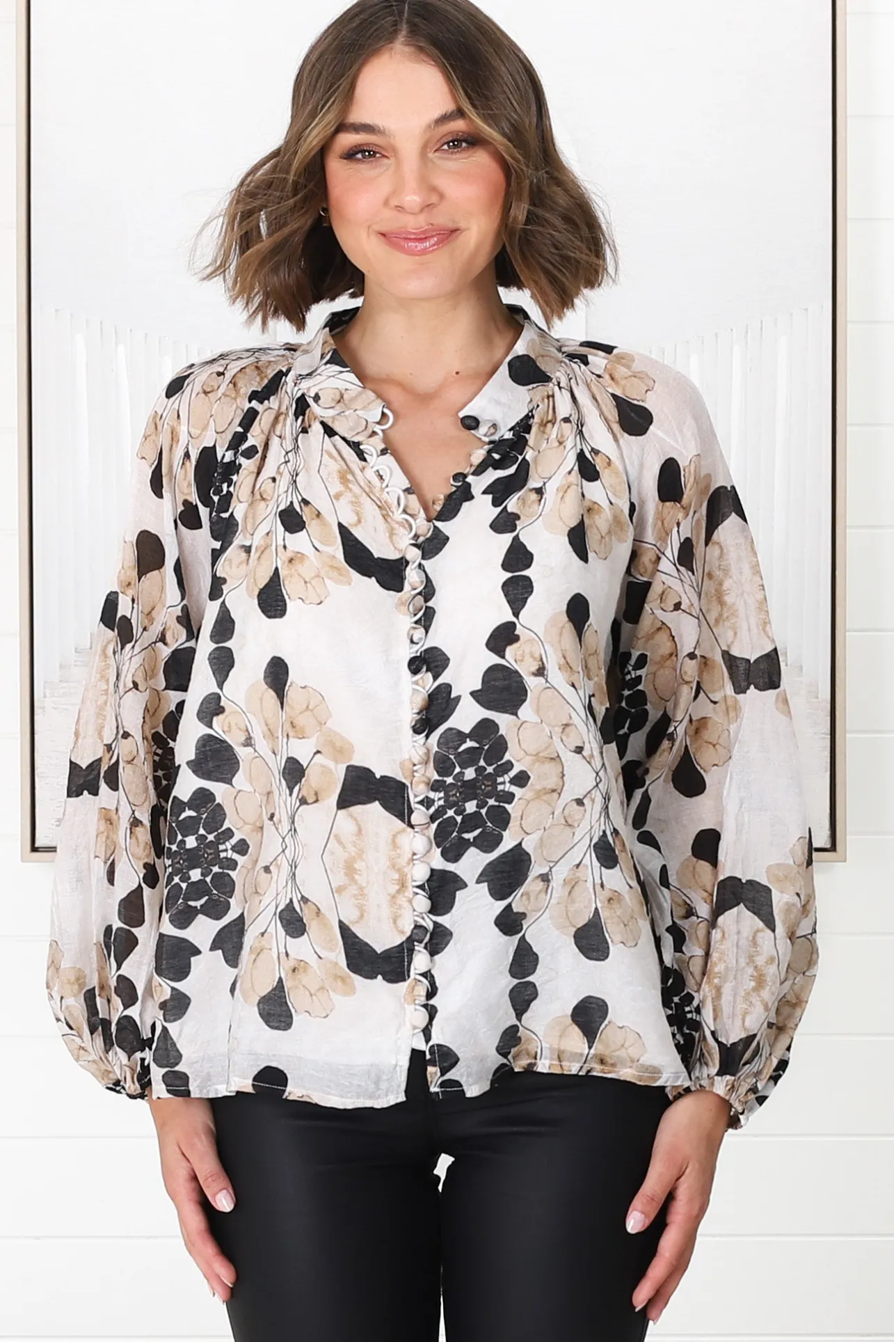 Portia Blouse - Button Down Lace Detail Shirt in Calea Beige Print>Salty Crush Hot