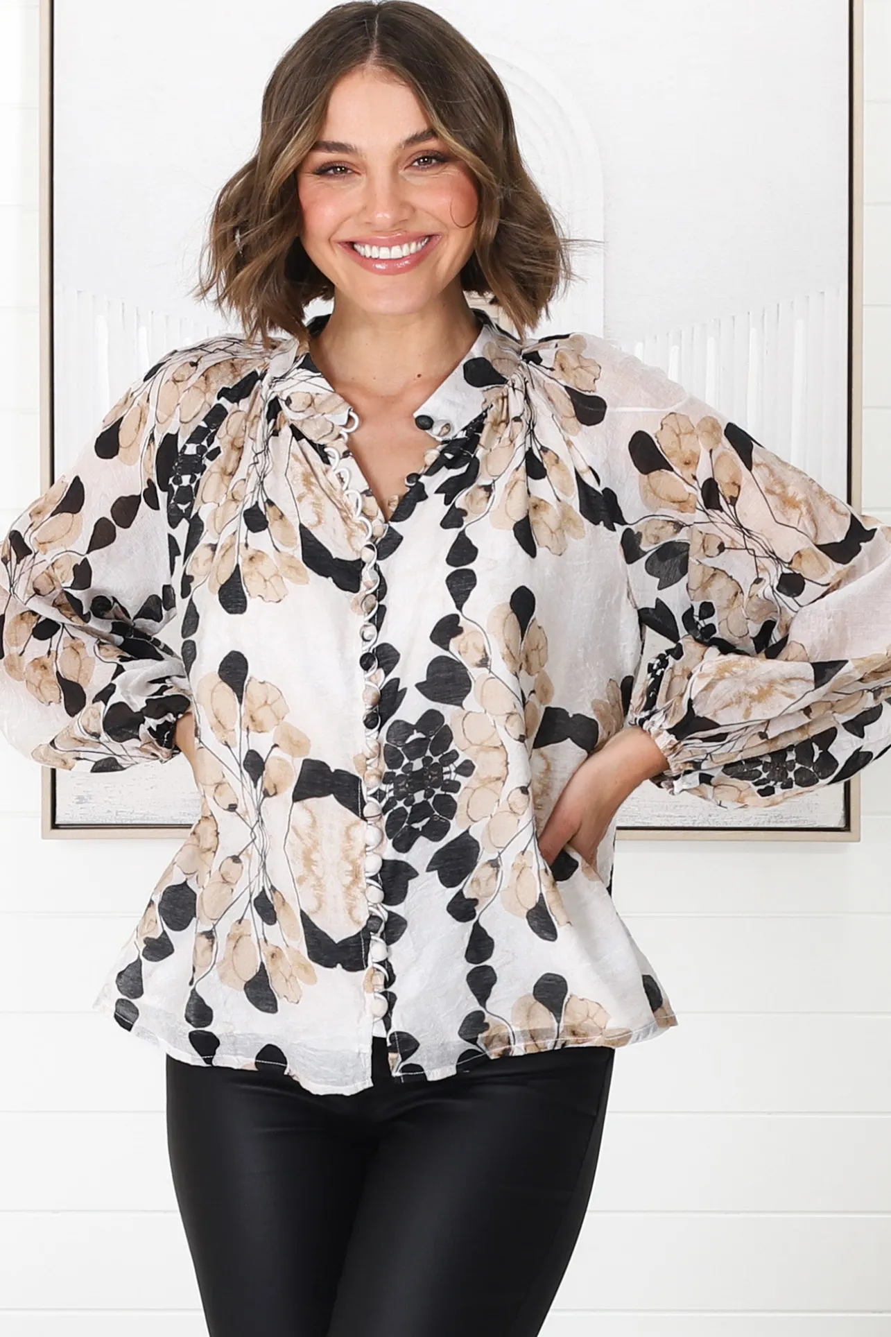 Portia Blouse - Button Down Lace Detail Shirt in Calea Beige Print>Salty Crush Hot