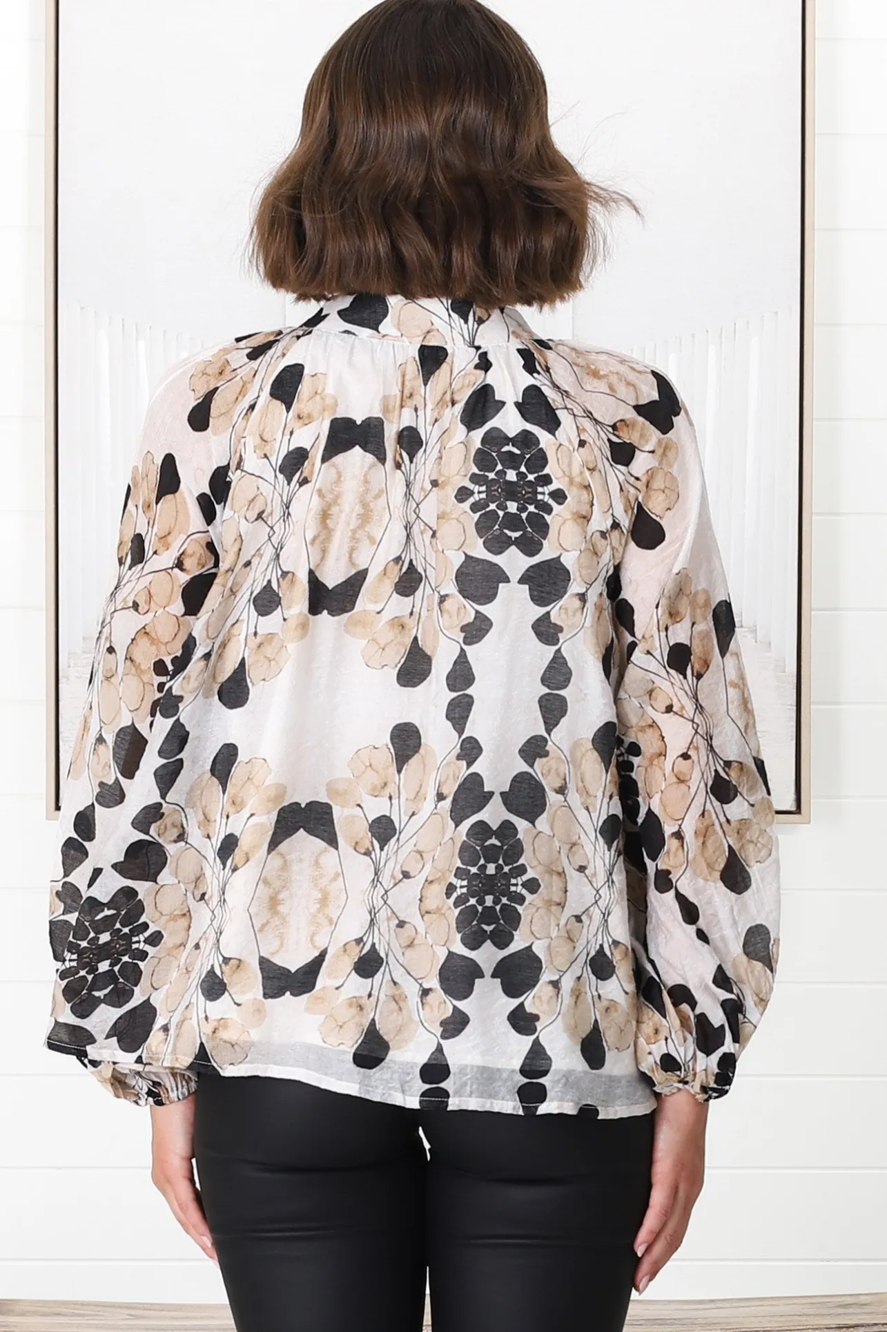 Portia Blouse - Button Down Lace Detail Shirt in Calea Beige Print>Salty Crush Hot