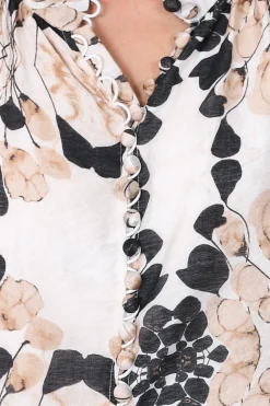 Portia Blouse - Button Down Lace Detail Shirt in Calea Beige Print><noscript><img width=