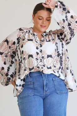 Portia Blouse - Button Down Lace Detail Shirt in Calea Beige Print><noscript><img width=