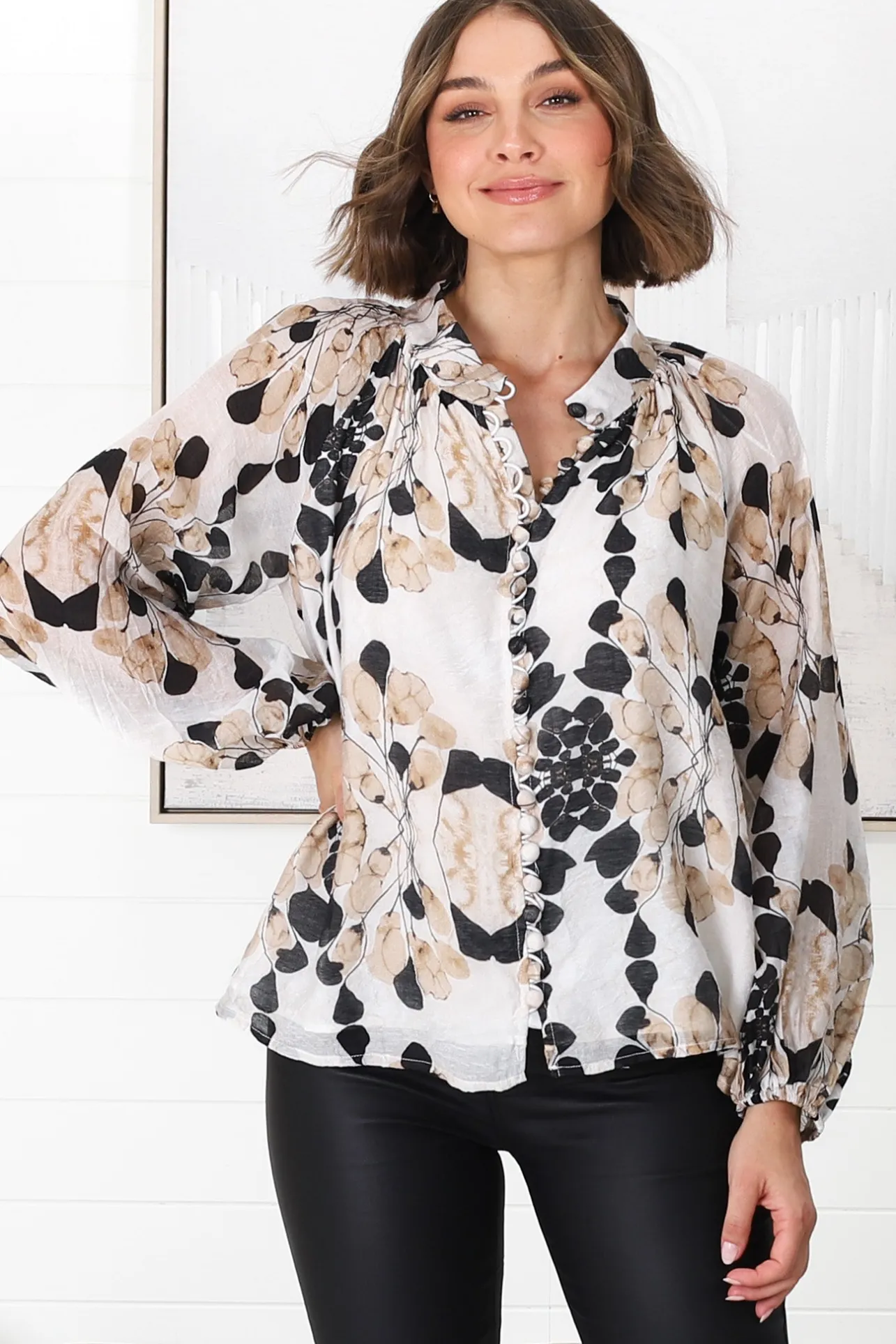 Portia Blouse - Button Down Lace Detail Shirt in Calea Beige Print>Salty Crush Hot