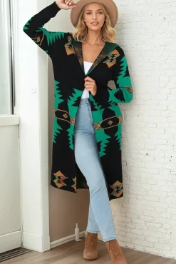 Quest Cardigan - Hooded Long Line Graphic Cardigan in Black>Salty Crush New