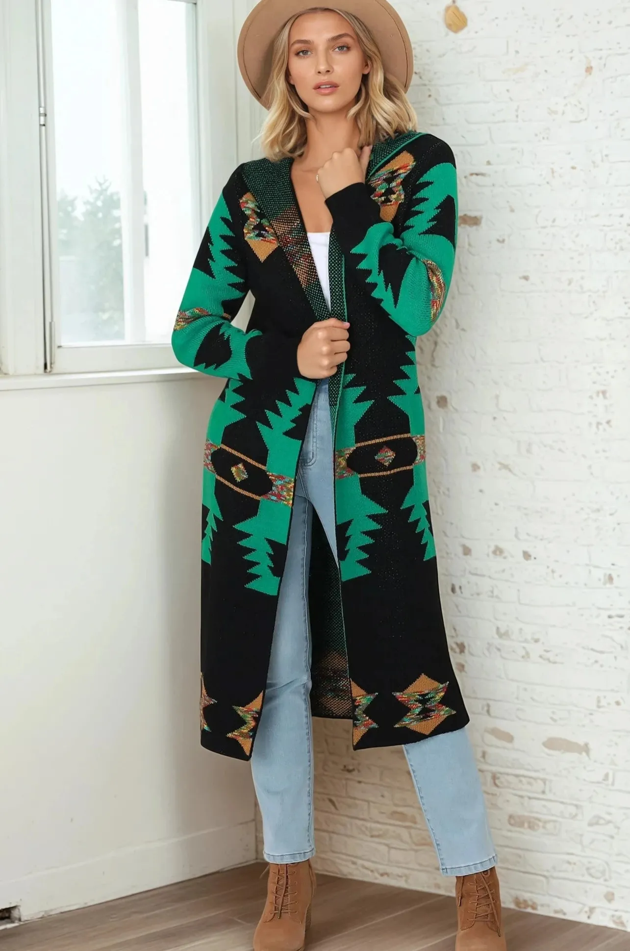 Quest Cardigan - Hooded Long Line Graphic Cardigan in Black>Salty Crush New