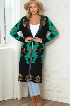 Quest Cardigan - Hooded Long Line Graphic Cardigan in Black><noscript><img width=