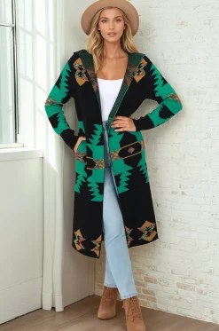 Quest Cardigan - Hooded Long Line Graphic Cardigan in Black><noscript><img width=