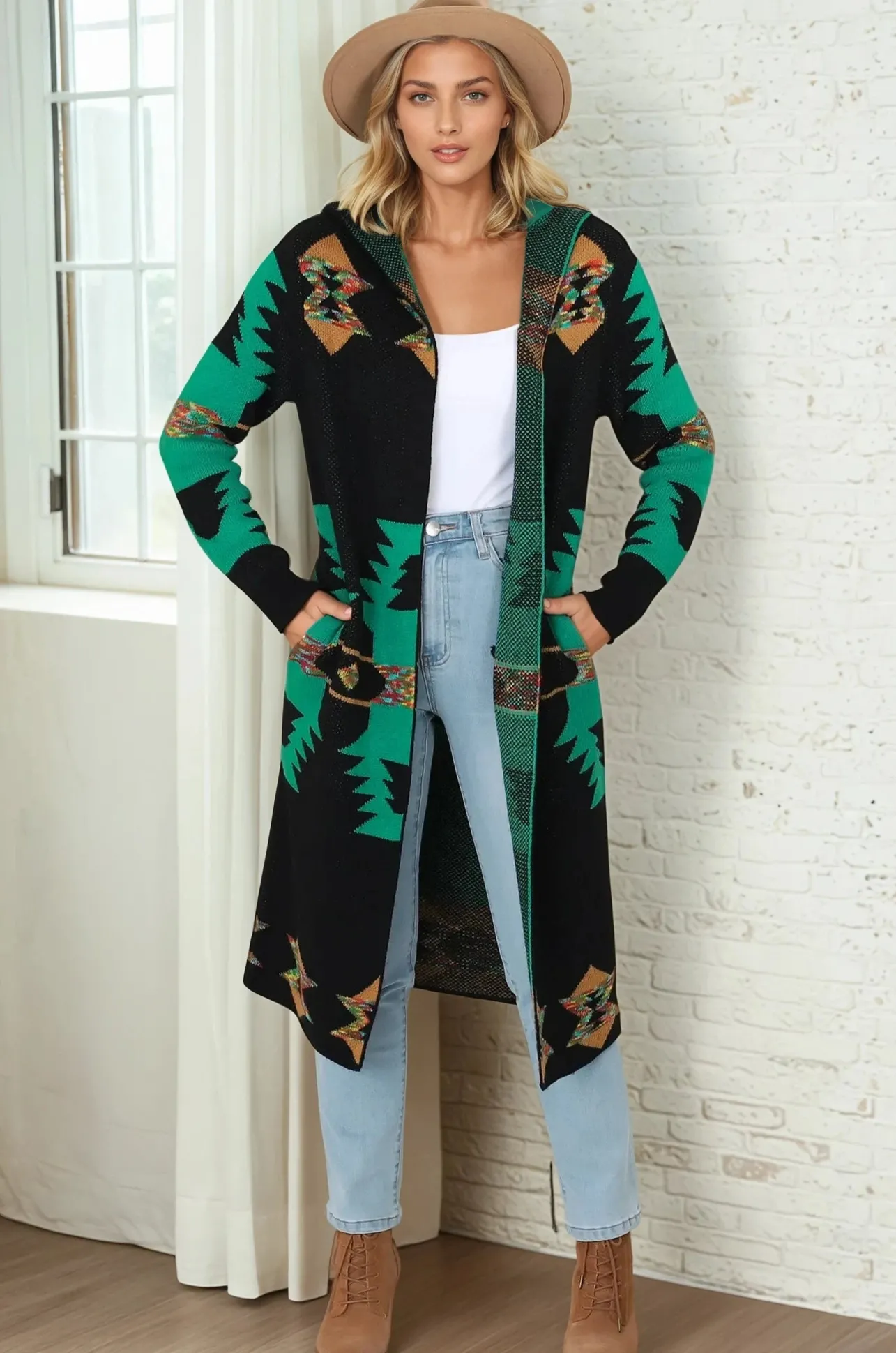 Quest Cardigan - Hooded Long Line Graphic Cardigan in Black>Salty Crush New
