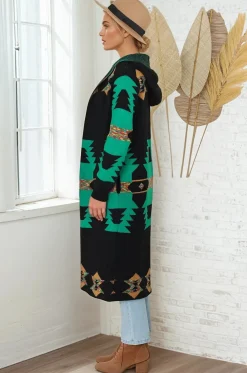 Quest Cardigan - Hooded Long Line Graphic Cardigan in Black><noscript><img width=