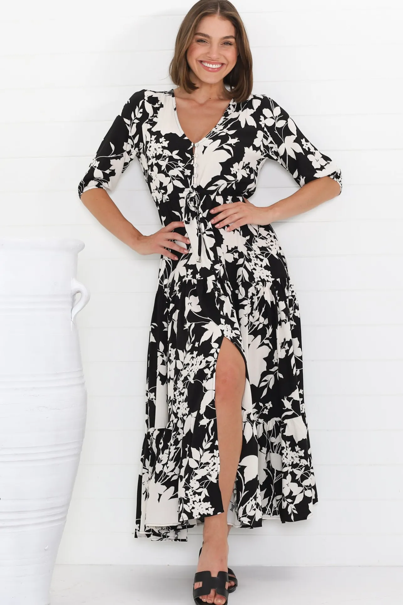 Rachel Maxi Dress - V-Neck 3/4 Sleeve Pull Tie Waist Tiered Dress in Kacia Print Black>Salty Crush Hot