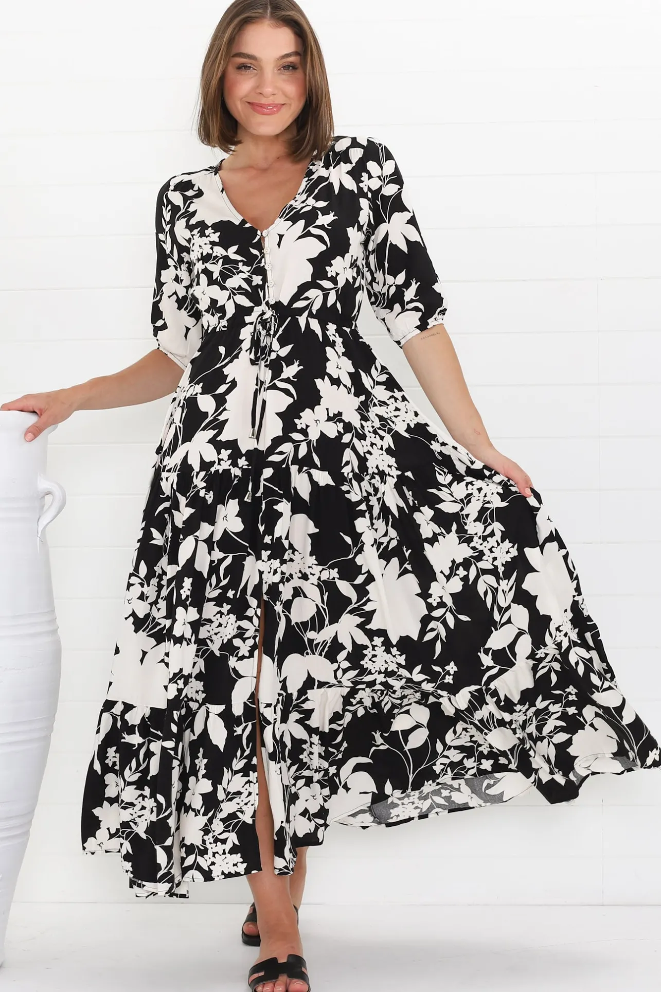 Rachel Maxi Dress - V-Neck 3/4 Sleeve Pull Tie Waist Tiered Dress in Kacia Print Black>Salty Crush Hot
