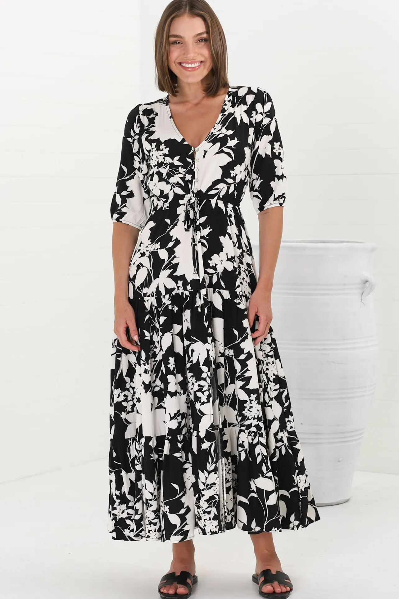 Rachel Maxi Dress - V-Neck 3/4 Sleeve Pull Tie Waist Tiered Dress in Kacia Print Black>Salty Crush Hot