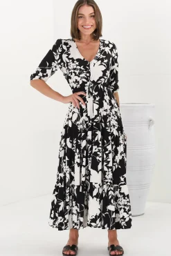 Rachel Maxi Dress - V-Neck 3/4 Sleeve Pull Tie Waist Tiered Dress in Kacia Print Black><noscript><img width=