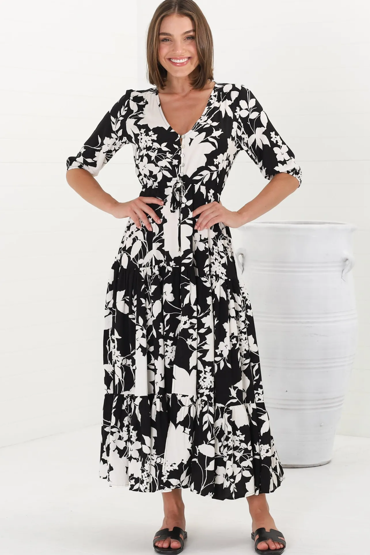 Rachel Maxi Dress - V-Neck 3/4 Sleeve Pull Tie Waist Tiered Dress in Kacia Print Black>Salty Crush Hot