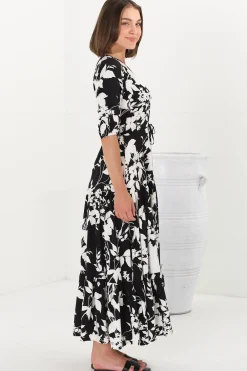 Rachel Maxi Dress - V-Neck 3/4 Sleeve Pull Tie Waist Tiered Dress in Kacia Print Black><noscript><img width=