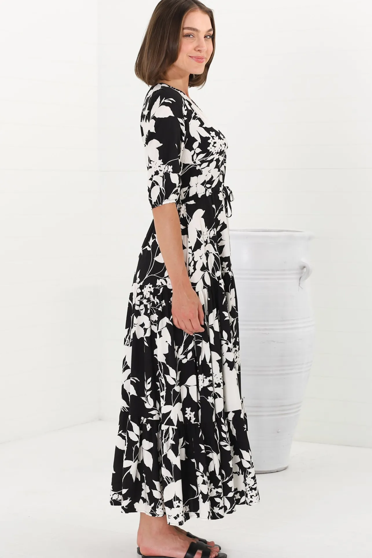 Rachel Maxi Dress - V-Neck 3/4 Sleeve Pull Tie Waist Tiered Dress in Kacia Print Black>Salty Crush Hot