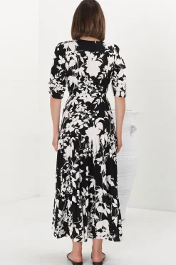 Rachel Maxi Dress - V-Neck 3/4 Sleeve Pull Tie Waist Tiered Dress in Kacia Print Black><noscript><img width=