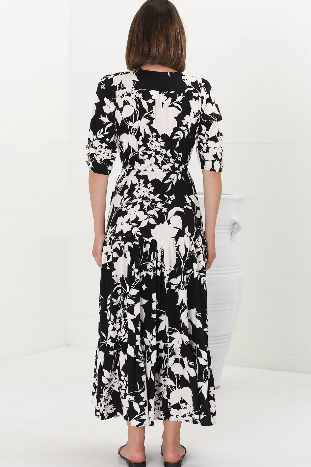 Rachel Maxi Dress - V-Neck 3/4 Sleeve Pull Tie Waist Tiered Dress in Kacia Print Black>Salty Crush Hot