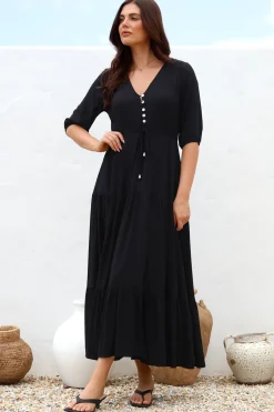 Rachel Maxi Dress - V-Neck 3/4 Sleeve Pull Tie Waist Tiered Dress in Black><noscript><img width=