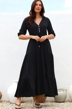 Rachel Maxi Dress - V-Neck 3/4 Sleeve Pull Tie Waist Tiered Dress in Black><noscript><img width=