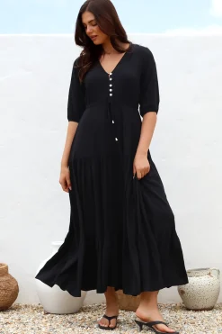 Rachel Maxi Dress - V-Neck 3/4 Sleeve Pull Tie Waist Tiered Dress in Black><noscript><img width=