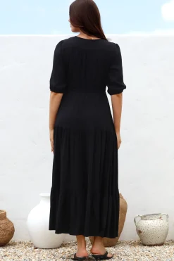 Rachel Maxi Dress - V-Neck 3/4 Sleeve Pull Tie Waist Tiered Dress in Black><noscript><img width=