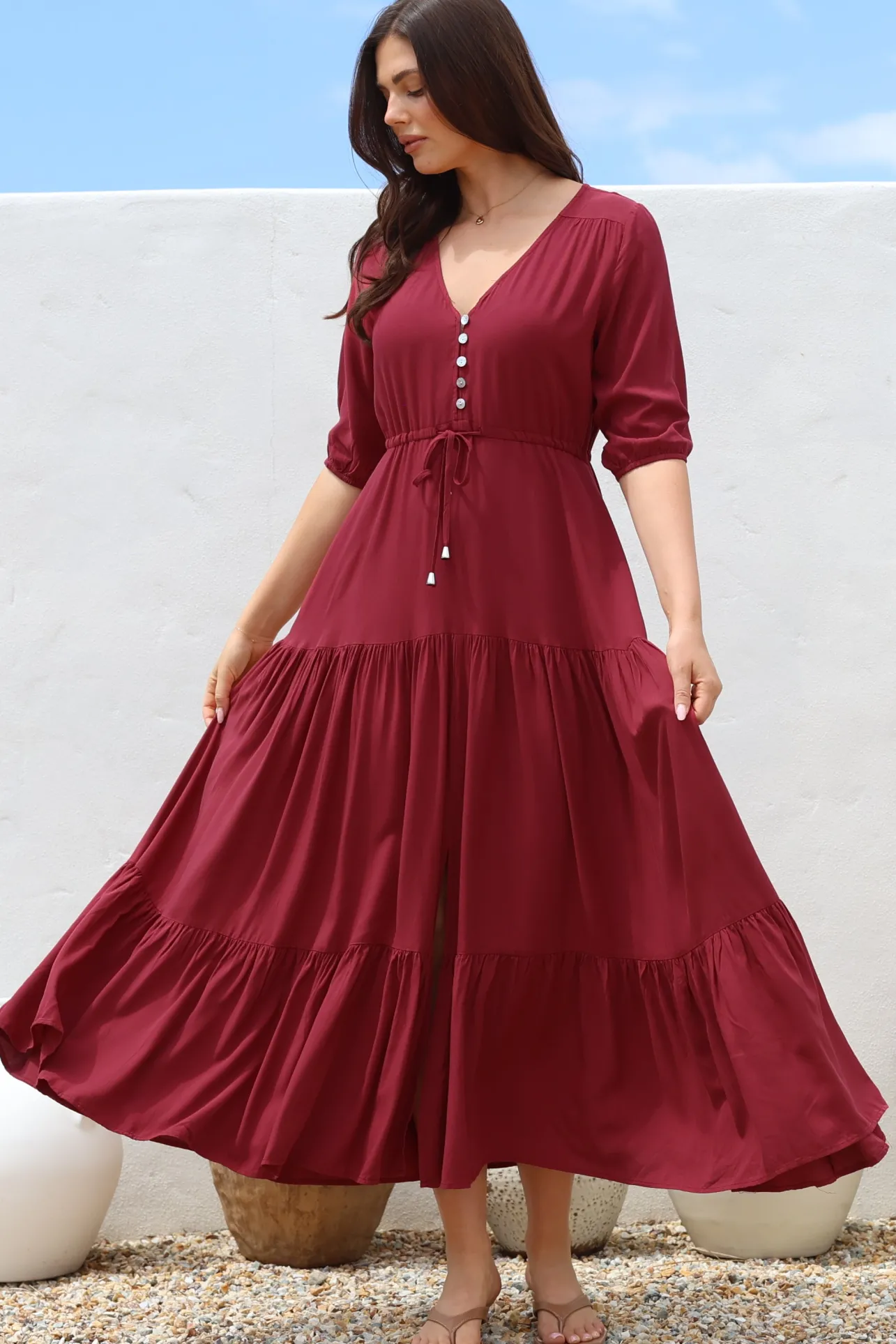 Rachel Maxi Dress - V-Neck 3/4 Sleeve Pull Tie Waist Tiered Dress in Wine>Salty Crush Discount