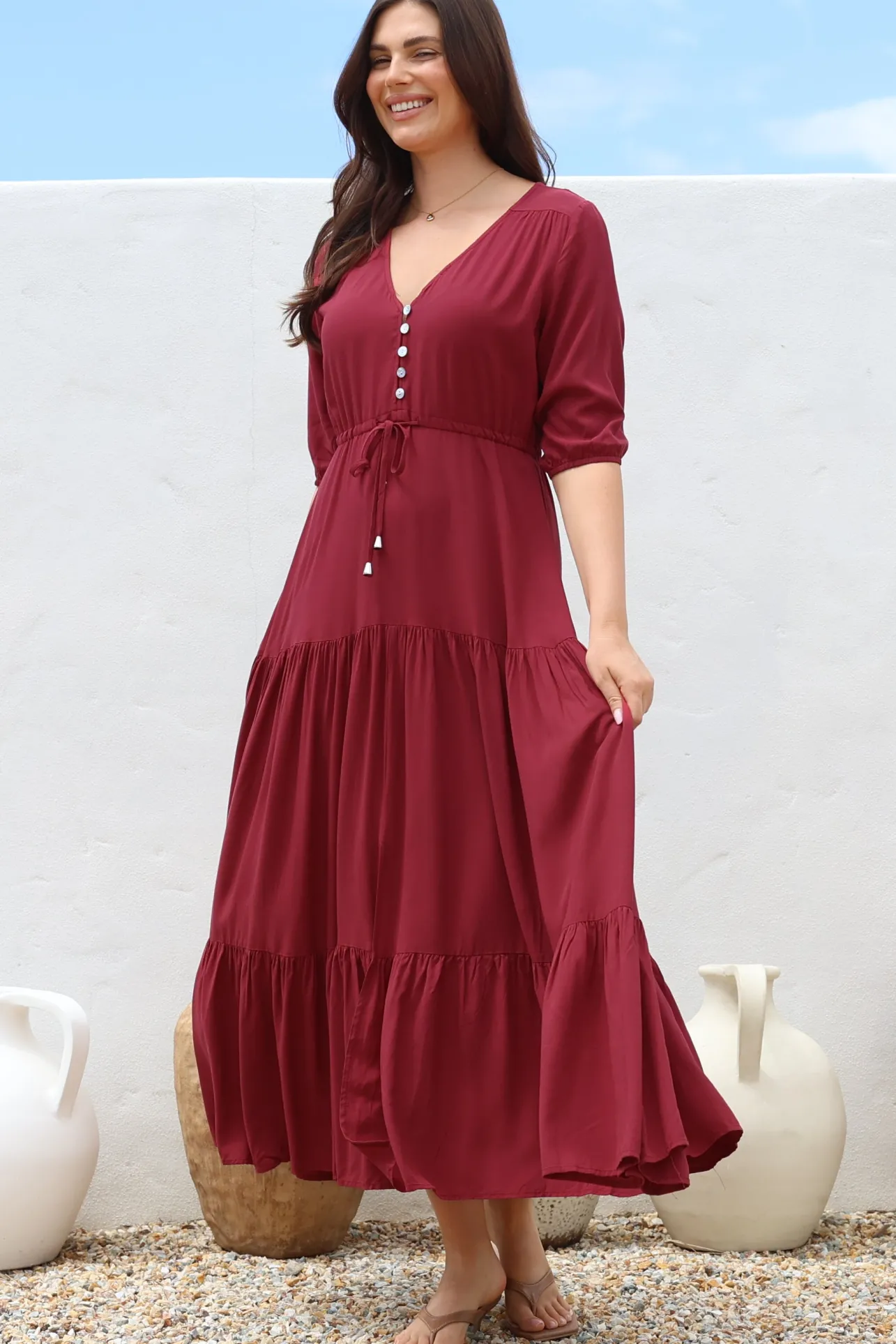 Rachel Maxi Dress - V-Neck 3/4 Sleeve Pull Tie Waist Tiered Dress in Wine>Salty Crush Discount