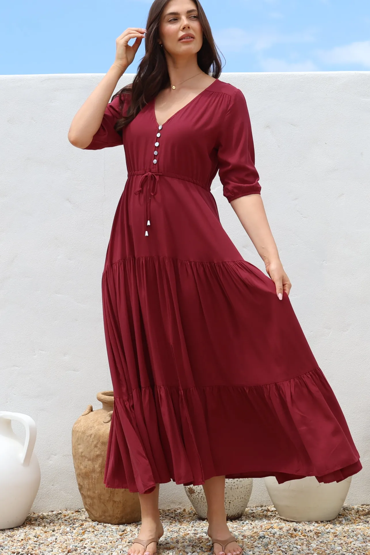 Rachel Maxi Dress - V-Neck 3/4 Sleeve Pull Tie Waist Tiered Dress in Wine>Salty Crush Discount