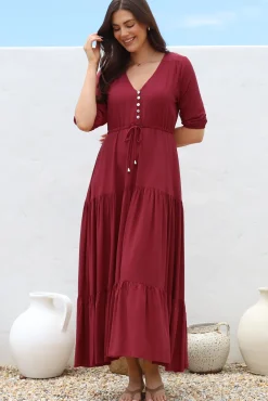 Rachel Maxi Dress - V-Neck 3/4 Sleeve Pull Tie Waist Tiered Dress in Wine><noscript><img width=