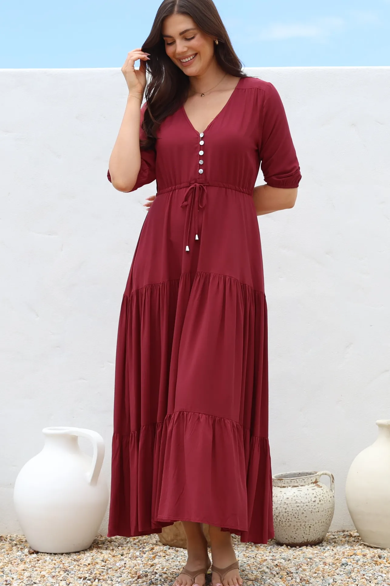 Rachel Maxi Dress - V-Neck 3/4 Sleeve Pull Tie Waist Tiered Dress in Wine>Salty Crush Discount